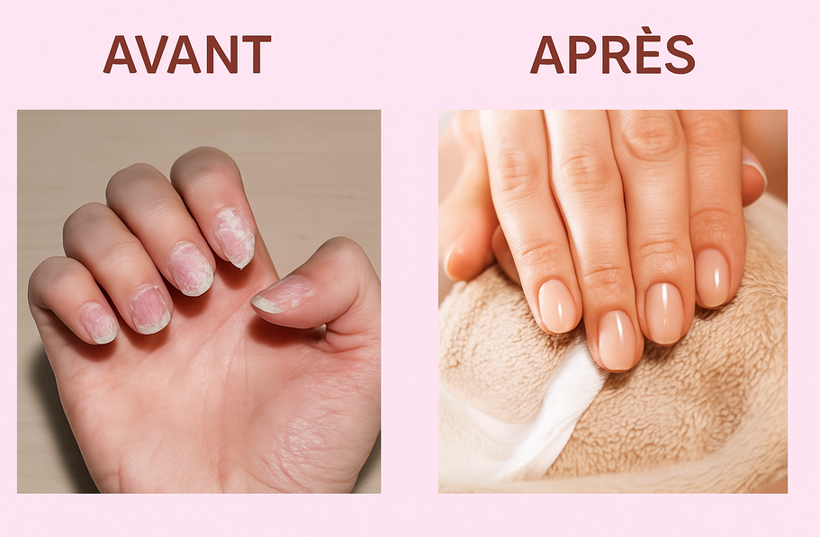 Avant et après avec soin ongles japonais, montrant des ongles réparés et brillants.