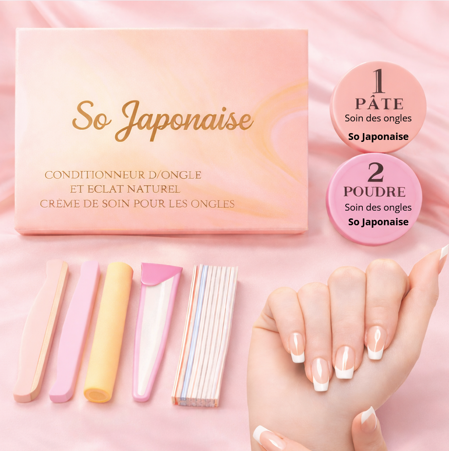 Soin Ongles Japonais So Japonaise avec produits et outils pour un éclat naturel et des ongles en santé.