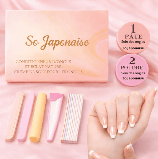 Soin Ongles Japonais So Japonaise avec produits et outils pour un éclat naturel et des ongles en santé.