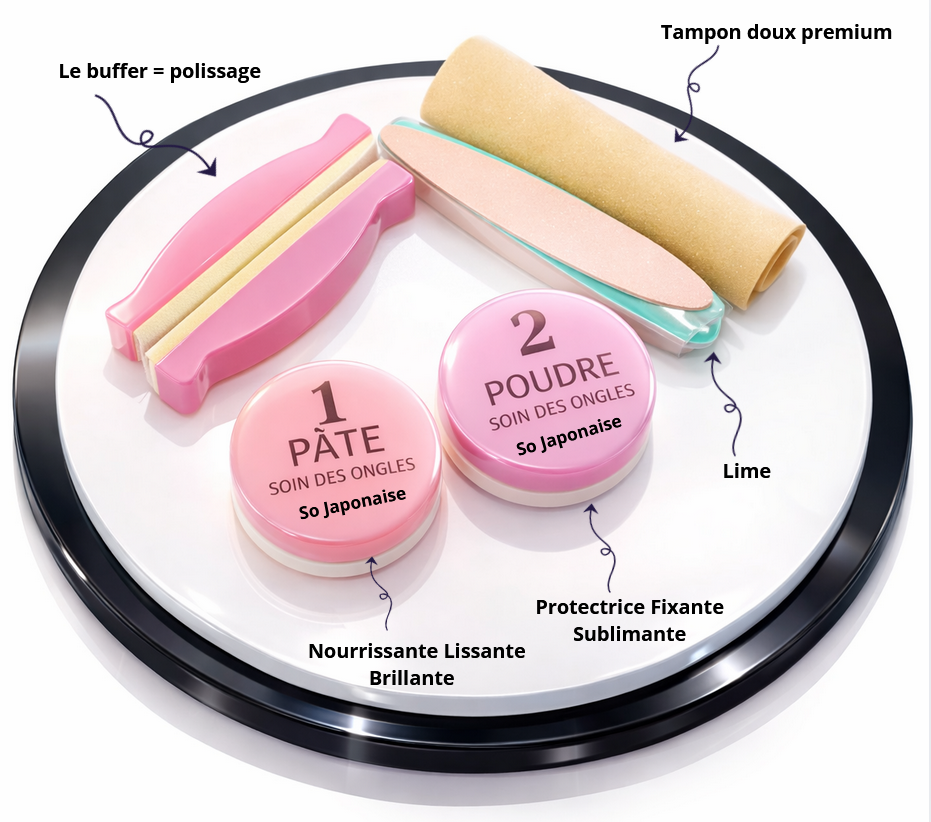 Kit Soin Ongles Japonais avec pâte, poudre, lime et tampon pour des ongles sains et brillants.