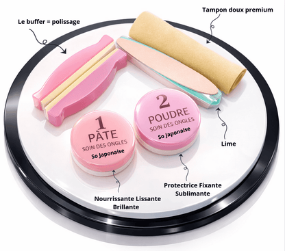 Kit Soin Ongles Japonais avec pâte, poudre, lime et tampon pour des ongles sains et brillants.